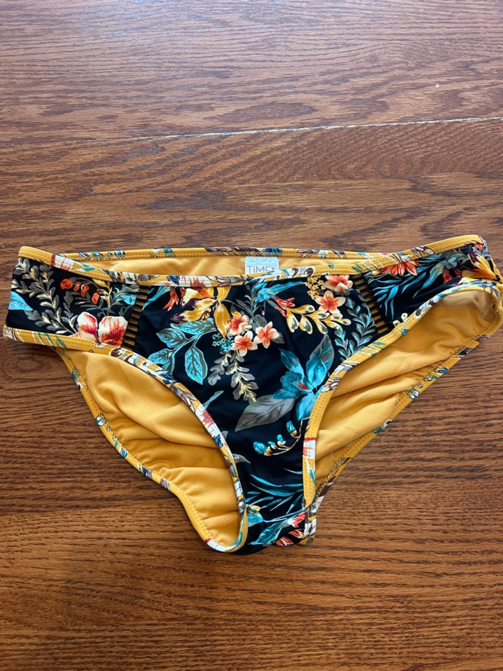 Time and Tru Black Floral Bikini Bottoms with Mustard Trim